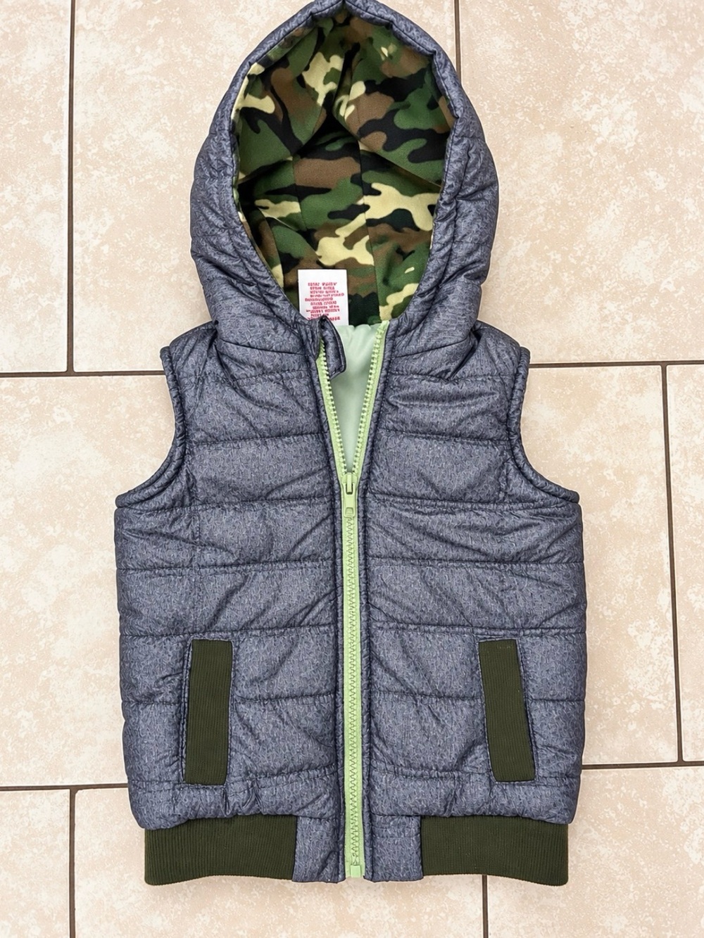 Tommy Bahama Kids Gray Puffer Vest with Camo Hood Lining